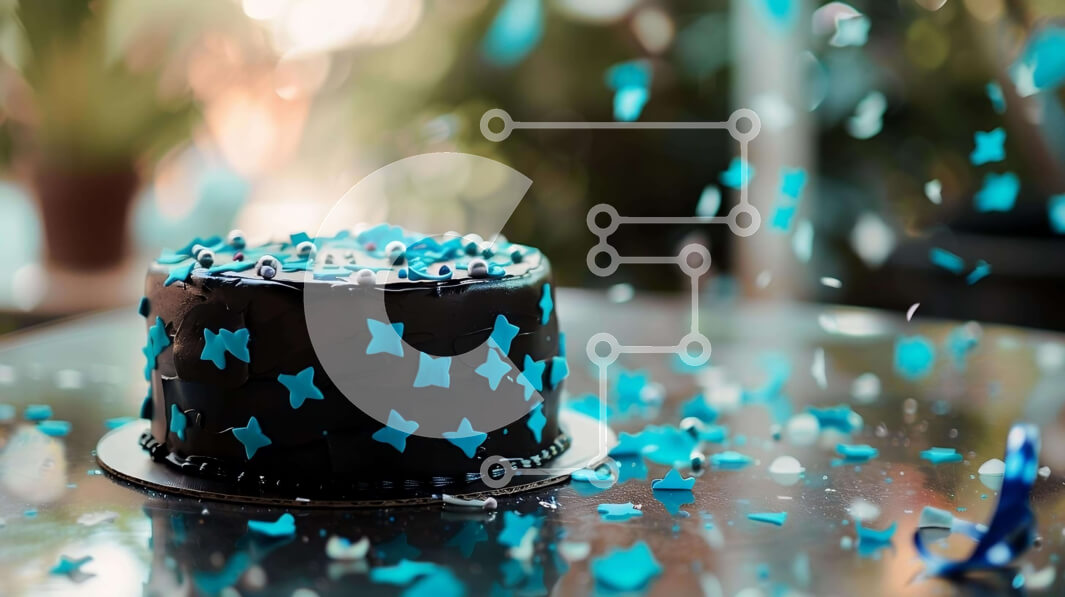 Σετ των 2 Intra Συλλεκτικό Ξύλινο Παζλ Plywood  4mm - Εορταστική μαύρη τούρτα με μπλε κομφετί ψεκαστήρες και αστέρια Σε Ξύλινο Κουτί - Διαστάσεις: 10x10 cm – 25 κομμάτια