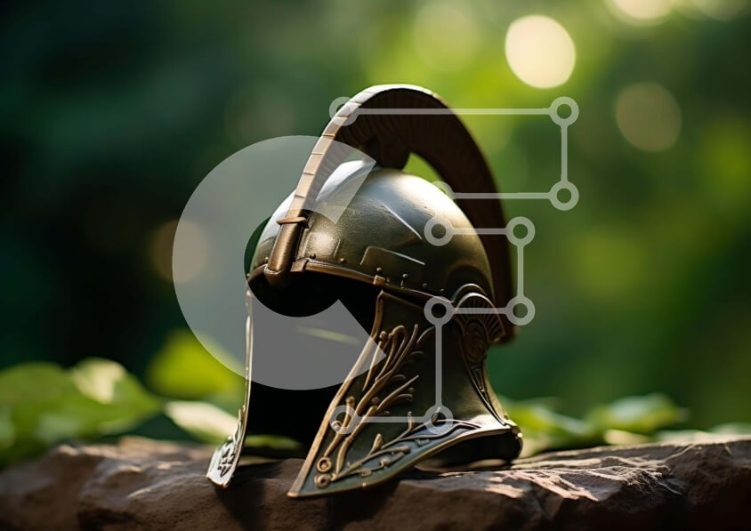 Intra Συλλεκτικό Ξύλινο Παζλ Plywood  4mm - Αρχαίο σπαρτιατικό κράνος σε βράχο με πράσινο φύλλωμα Σε Ξύλινο Κουτί - Διαστάσεις Puzzle: 10x10 cm – 25 κομμάτια