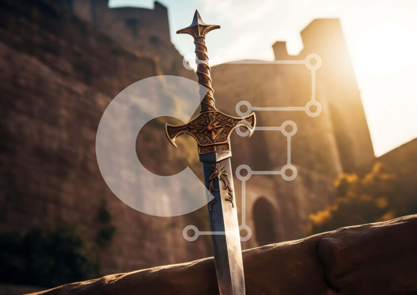 Intra Συλλεκτικό Ξύλινο Παζλ Plywood  4mm - Μεγάλο ξίφος που στηρίζεται σε παλιό πέτρινο τοίχο Σε Ξύλινο Κουτί - Διαστάσεις: 10x10 cm – 25 κομμάτια