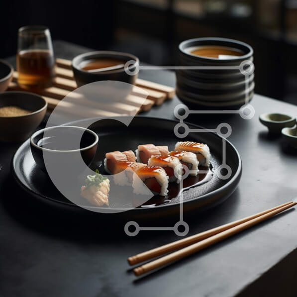 Σετ των 2 Intra Συλλεκτικό Ξύλινο Παζλ Plywood  4mm - Νόστιμη εικόνα με ρολά σούσι σε ένα σκοτεινό τραπέζι Σε Ξύλινο Κουτί - Διαστάσεις: 10x10 cm – 25 κομμάτια