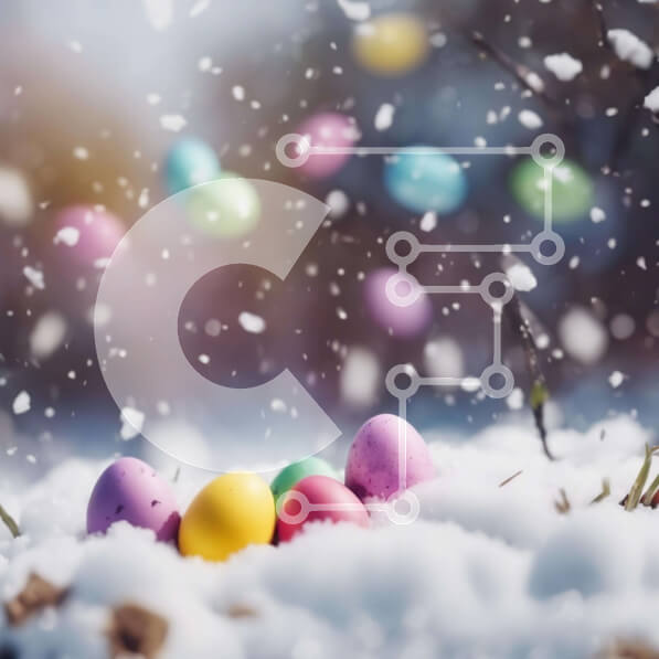 Intra Συλλεκτικό Ξύλινο Παζλ Plywood  4mm - Πολύχρωμα Πασχαλινά αυγά στο χιόνι με τις νιφάδες χιονιού που πέφτουν Σε Ξύλινο Κουτί - Διαστάσεις: 10x10 cm – 25 κομμάτια