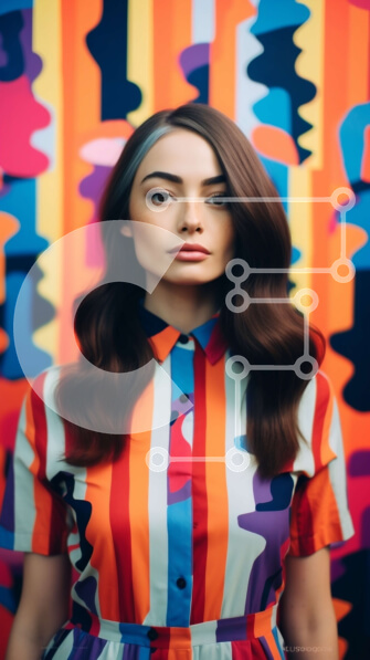 Intra Συλλεκτικό Ξύλινο Παζλ Plywood  4mm - Πολύχρωμο ριγέ φόρεμα γυναίκα που στέκεται μπροστά από το φωτεινό τοίχο Σε Ξύλινο Κουτί - Διαστάσεις Puzzle: 10x10 cm – 25 κομμάτια