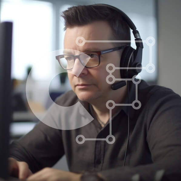 Intra Συλλεκτικό Ξύλινο Παζλ Plywood  4mm - Επιχειρηματίας που φορά τα ακουστικά και εργάζεται στο γραφείο Σε Ξύλινο Κουτί - Διαστάσεις Puzzle: 10x10 cm – 25 κομμάτια