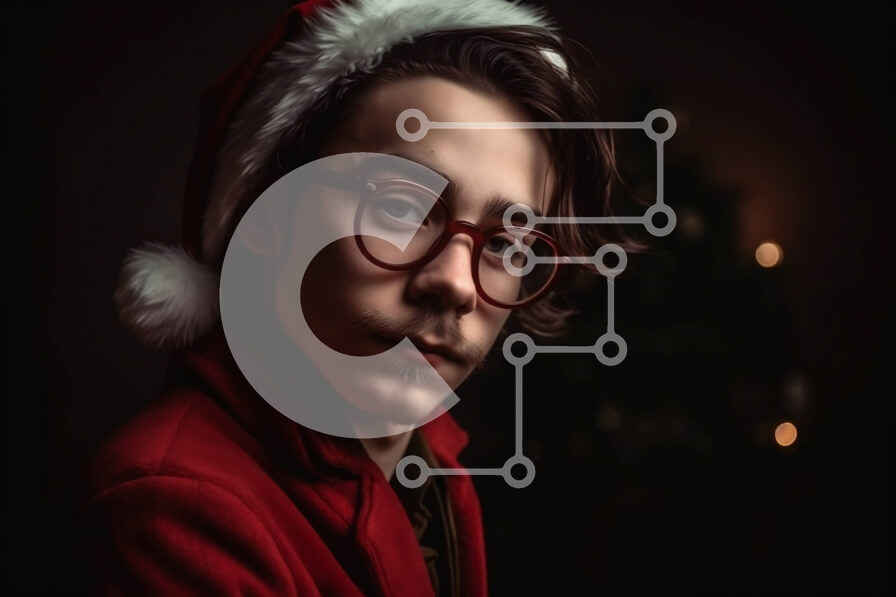 Intra Συλλεκτικό Ξύλινο Παζλ Plywood  4mm - Νεαρός άνδρας με γυαλιά και καπέλο Άγιου Βασίλη στο κόκκινο σακάκι Σε Ξύλινο Κουτί - Διαστάσεις Puzzle: 10x10 cm – 25 κομμάτια