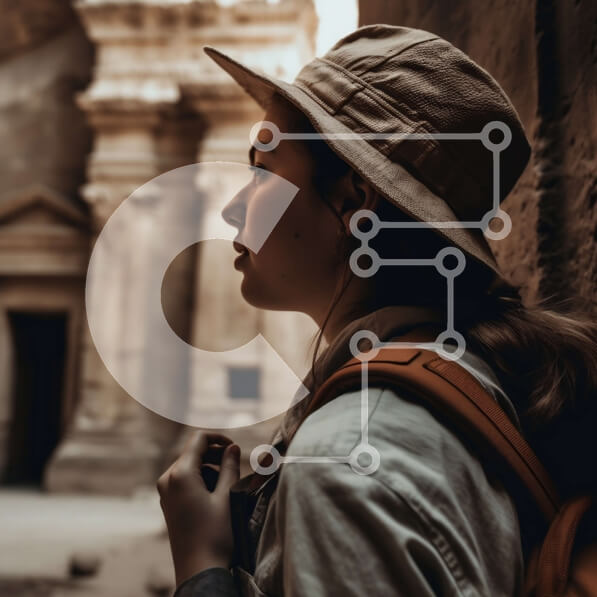 Intra Συλλεκτικό Ξύλινο Παζλ Plywood  4mm - Γυναίκα που στέκεται μπροστά από ένα αρχαίο κτήριο με πέτρινη αψίδα Σε Ξύλινο Κουτί - Διαστάσεις Puzzle: 10x10 cm – 25 κομμάτια