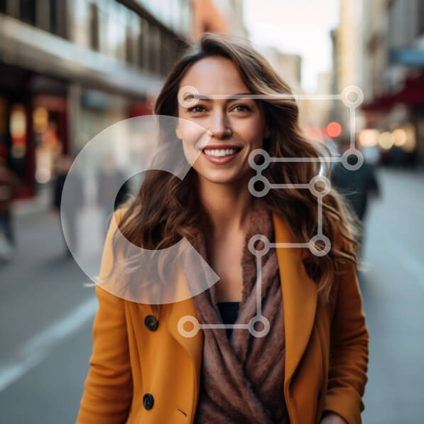 Intra Συλλεκτικό Ξύλινο Παζλ Plywood  4mm - Χαμογελαστή νεαρή γυναίκα με κίτρινο σακάκι και μαύρο κασκόλ στην οδό της πόλης Σε Ξύλινο Κουτί - Διαστάσεις Puzzle: 10x10 cm – 25 κομμάτια