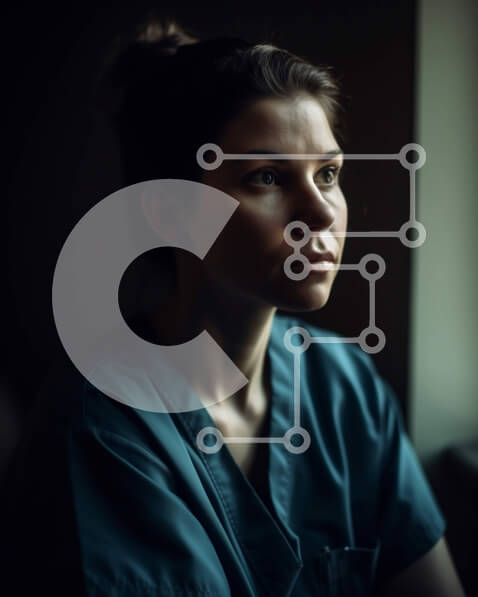 Intra Συλλεκτικό Ξύλινο Παζλ Plywood  4mm - Σοβαρή γυναίκα υγειονομική υπάλληλος σε μπλε τρίβει που κοιτάζει έξω από το παράθυρο με στηθοσκόπιο Σε Ξύλινο Κουτί - Διαστάσεις Puzzle: 10x10 cm – 25 κομμάτια