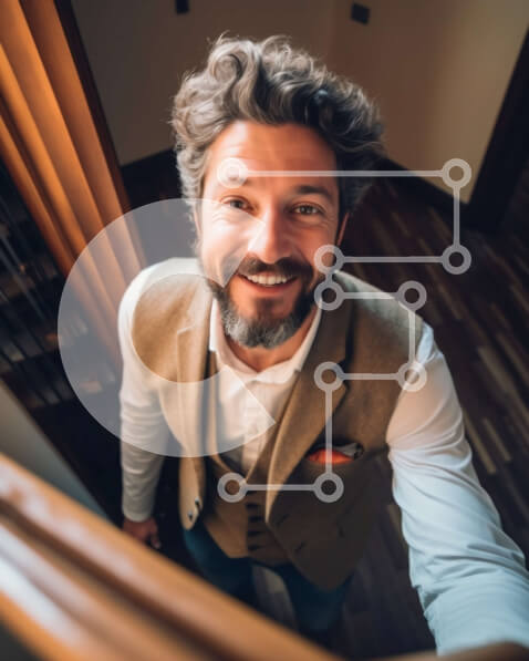 Intra Συλλεκτικό Ξύλινο Παζλ Plywood  4mm - Επαγγελματίας άνδρας με γιλέκο και γραβάτα που χαμογελά στη σκάλα Σε Ξύλινο Κουτί - Διαστάσεις Puzzle: 10x10 cm – 25 κομμάτια