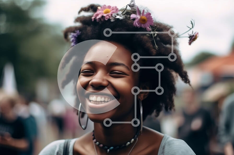 Intra Συλλεκτικό Ξύλινο Παζλ Plywood  4mm - Η χαμογελαστή νεαρή γυναίκα με στέμμα λουλουδιών στέκεται στην πολυσύχναστη οδό Σε Ξύλινο Κουτί - Διαστάσεις Puzzle: 10x10 cm – 25 κομμάτια