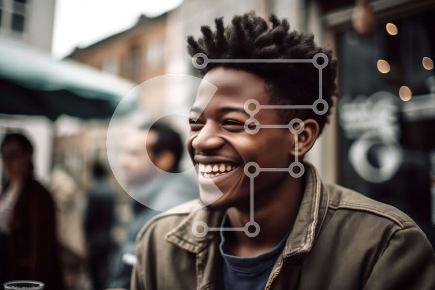 Intra Συλλεκτικό Ξύλινο Παζλ Plywood  4mm - Ο νεαρός μαύρος ποζάρει έξω από το καφενείο με μεγάλο χαμόγελο Σε Ξύλινο Κουτί - Διαστάσεις Puzzle: 10x10 cm – 25 κομμάτια