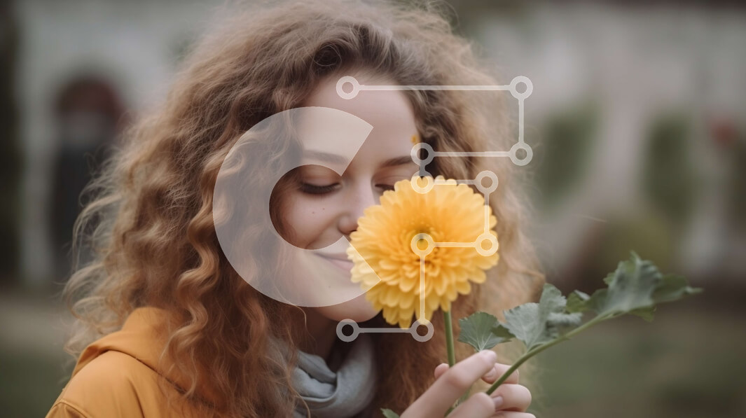 Intra Συλλεκτικό Ξύλινο Παζλ Plywood  4mm - Ευτυχισμένη νεαρή γυναίκα που απολαμβάνει ένα όμορφο κίτρινο λουλούδι Σε Ξύλινο Κουτί - Διαστάσεις Puzzle: 10x10 cm – 25 κομμάτια