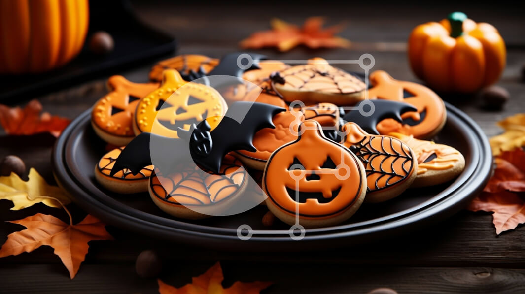 Σετ των 2 Intra Συλλεκτικό Ξύλινο Παζλ Plywood  4mm - Μπισκότα ζάχαρης με θέμα το Halloween σε ένα σκούρο ξύλινο τραπέζι Σε Ξύλινο Κουτί - Διαστάσεις: 10x10 cm – 25 κομμάτια