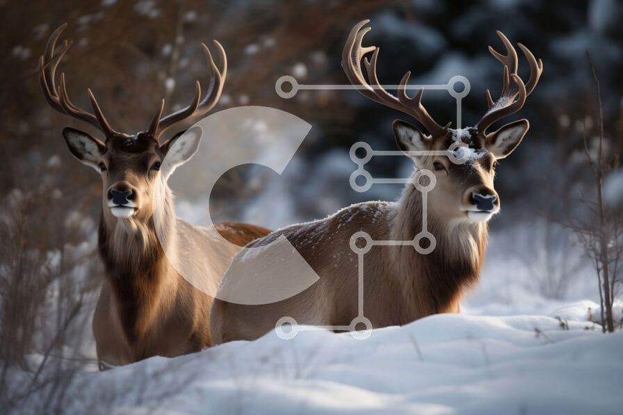 Σετ των 2 Intra Συλλεκτικό Ξύλινο Παζλ Plywood  4mm - Όμορφη εικόνα δύο αρσενικών ελαφιών στο χιόνι Σε Ξύλινο Κουτί - Διαστάσεις: 10x10 cm – 25 κομμάτια