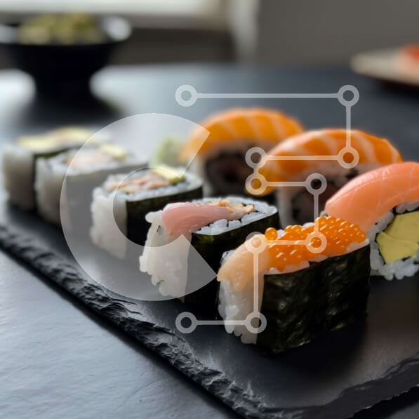 Σετ των 2 Intra Συλλεκτικό Ξύλινο Παζλ Plywood  4mm - Πιατέλα σούσι με ρολά σολομού, τόνου και αβοκάντο Σε Ξύλινο Κουτί - Διαστάσεις: 10x10 cm – 25 κομμάτια