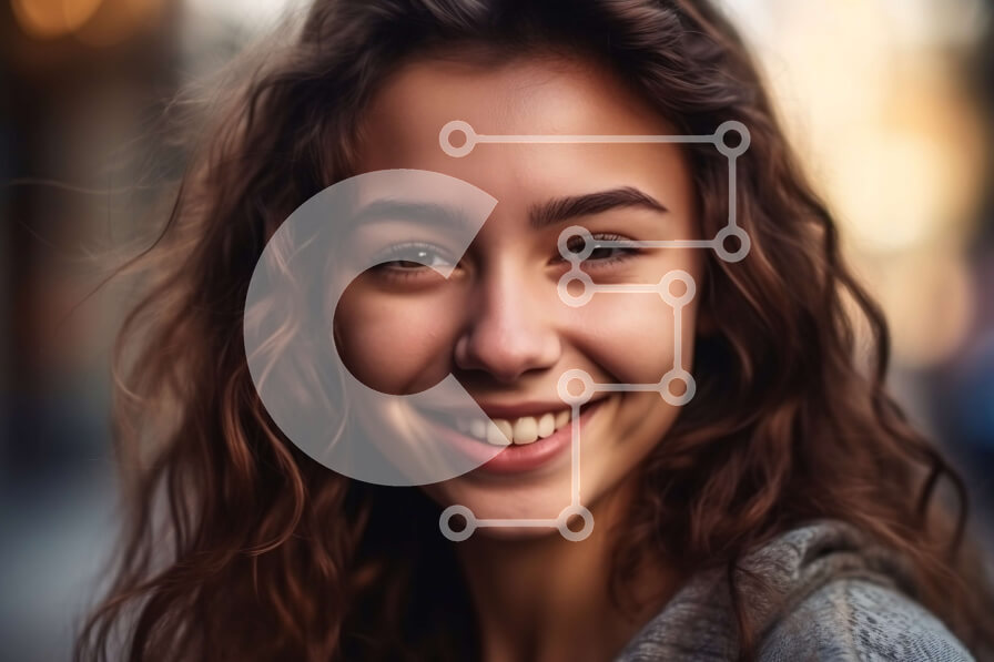 Intra Συλλεκτικό Ξύλινο Παζλ Plywood  4mm - Χαμογελαστή νεαρή γυναίκα με γκρι κουκούλα και λευκό μπλουζάκι σε έναν δρόμο της πόλης Σε Ξύλινο Κουτί - Διαστάσεις Puzzle: 10x10 cm – 25 κομμάτια