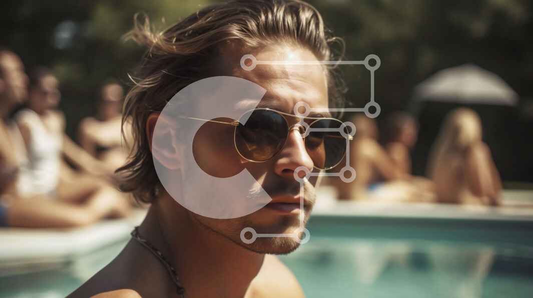 Intra Συλλεκτικό Ξύλινο Παζλ Plywood  4mm - Χαλάρωση δίπλα στην πισίνα: Άνδρας με γυαλιά ηλίου κάθεται με φίλους Σε Ξύλινο Κουτί - Διαστάσεις Puzzle: 10x10 cm – 25 κομμάτια