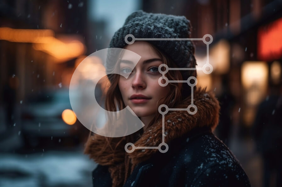 Intra Συλλεκτικό Ξύλινο Παζλ Plywood  4mm - Κομψή νεαρή γυναίκα με χειμερινή ενδυμασία στο Snowy City Street Σε Ξύλινο Κουτί - Διαστάσεις Puzzle: 10x10 cm – 25 κομμάτια