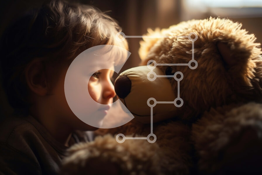 Intra Συλλεκτικό Ξύλινο Παζλ Plywood  4mm - Νεαρό αγόρι με λυπημένη έκφραση που κοιτάζει ένα βελούδινο αρκουδάκι Σε Ξύλινο Κουτί - Διαστάσεις Puzzle: 10x10 cm – 25 κομμάτια