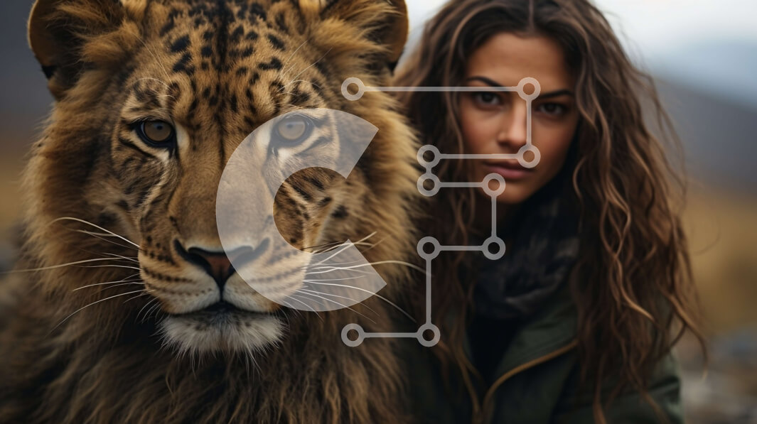 Σετ των 2 Intra Συλλεκτικό Ξύλινο Παζλ Plywood  4mm - Γυναίκα δίπλα σε ένα λιοντάρι που κοιμάται με ένα πράσινο σακάκι Σε Ξύλινο Κουτί - Διαστάσεις: 10x10 cm – 25 κομμάτια