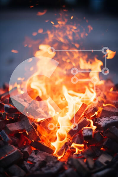 Intra Συλλεκτικό Ξύλινο Παζλ Plywood  4mm - Κοντινή όψη του φλεγόμενου λάκκου της φωτιάς με κορμούς και φλόγες Σε Ξύλινο Κουτί - Διαστάσεις Puzzle: 10x10 cm – 25 κομμάτια