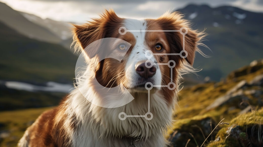 Intra Συλλεκτικό Ξύλινο Παζλ Plywood  4mm - Καφέ και λευκό σκυλί σε έναν χορταριασμένο λόφο με βουνά στο φόντο Σε Ξύλινο Κουτί - Διαστάσεις: 10x10 cm – 25 κομμάτια