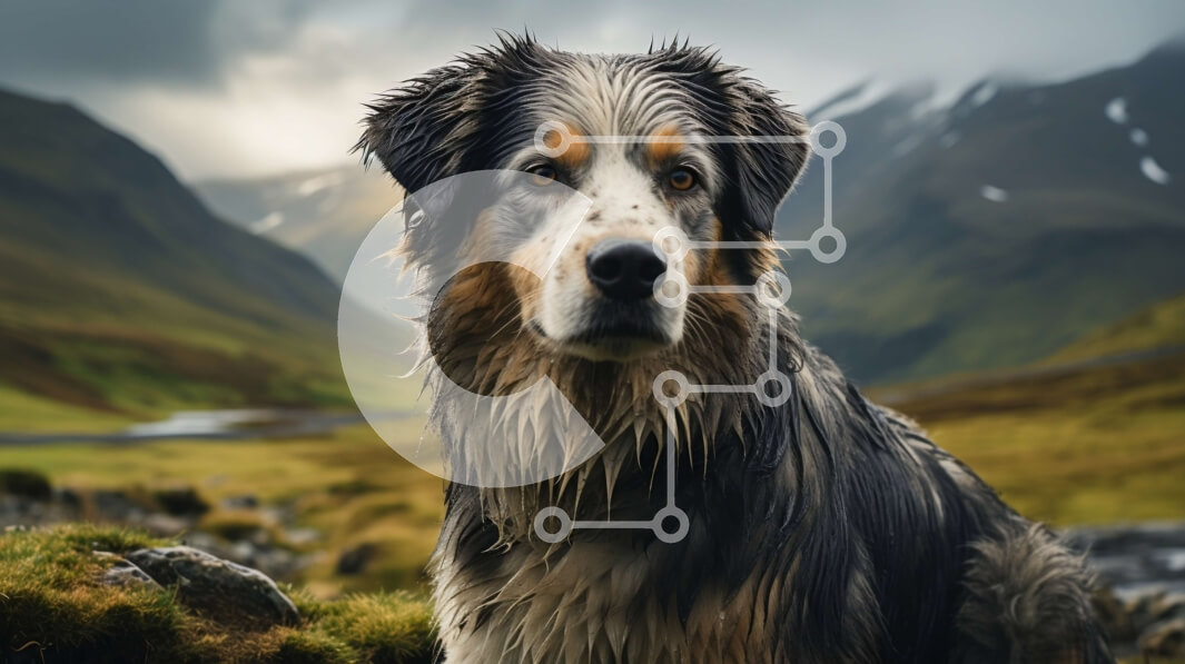 Intra Συλλεκτικό Ξύλινο Παζλ Plywood  4mm - Συγκινημένος σκύλος που στέκεται σε βραχώδες έδαφος με βουνά στο φόντο Σε Ξύλινο Κουτί - Διαστάσεις: 10x10 cm – 25 κομμάτια