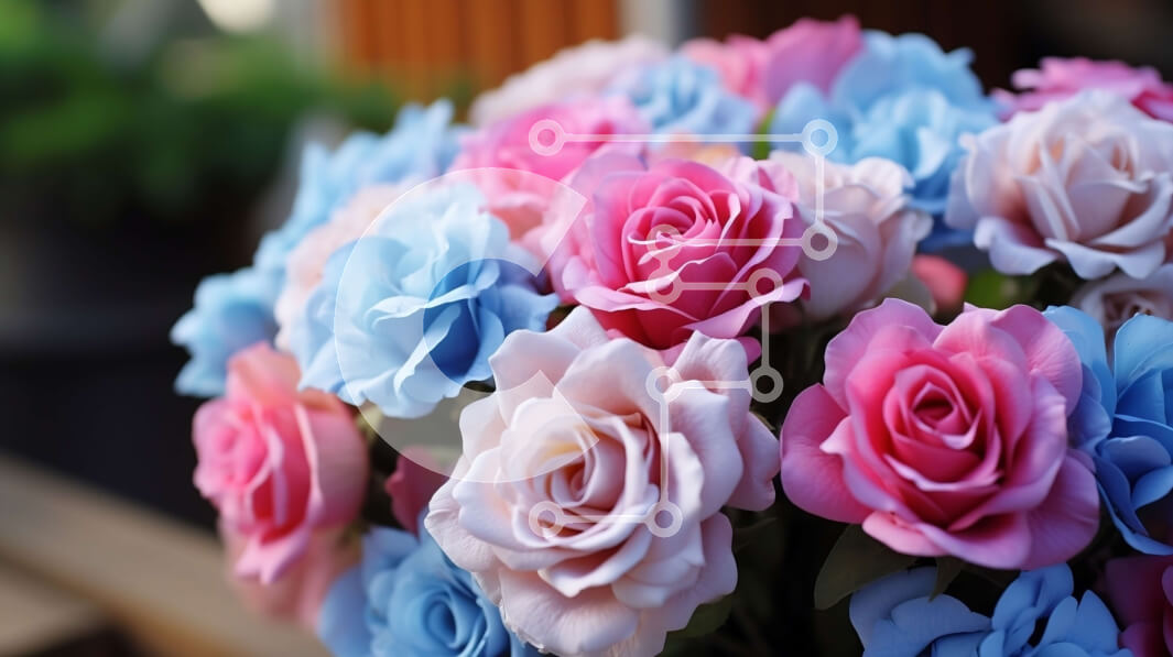 Intra Συλλεκτικό Ξύλινο Παζλ Plywood  4mm - Βάζο με ροζ και μπλε τριαντάφυλλα σε ξύλινο τραπέζι Σε Ξύλινο Κουτί - Διαστάσεις Puzzle: 10x10 cm – 25 κομμάτια