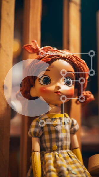 Intra Συλλεκτικό Ξύλινο Παζλ Plywood  4mm - Κοκκινομάλλα κούκλα με καρό φόρεμα που στέκεται μπροστά από έναν ξύλινο τοίχο Σε Ξύλινο Κουτί - Διαστάσεις Puzzle: 10x10 cm – 25 κομμάτια