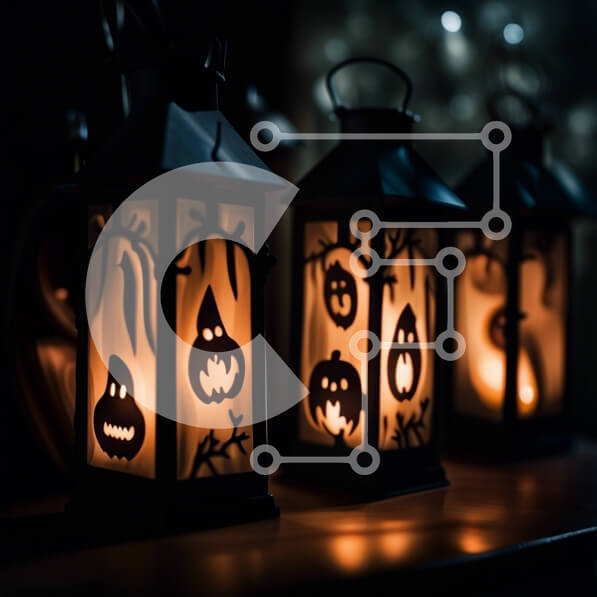 Intra Συλλεκτικό Ξύλινο Παζλ Plywood  4mm - Απόκοσμη και τρομακτική εικόνα φαναριών κολοκύθας που κρέμονται σε ένα σκοτεινό δάσος Σε Ξύλινο Κουτί - Διαστάσεις Puzzle: 10x10 cm – 25 κομμάτια