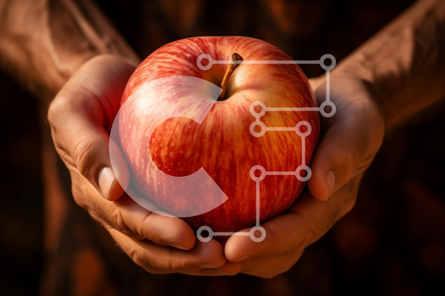 Σετ των 2 Intra Συλλεκτικό Ξύλινο Παζλ Plywood  4mm - Κοντινό πλάνο των χεριών ενός ατόμου που κρατούν ένα ώριμο κόκκινο μήλο Σε Ξύλινο Κουτί - Διαστάσεις: 10x10 cm – 25 κομμάτια