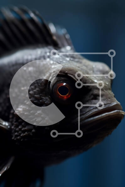 Σετ των 2 Intra Συλλεκτικό Ξύλινο Παζλ Plywood  4mm - Κοντινό πλάνο του μαύρου ψαριού με τα κόκκινα μάτια Σε Ξύλινο Κουτί - Διαστάσεις: 10x10 cm – 25 κομμάτια