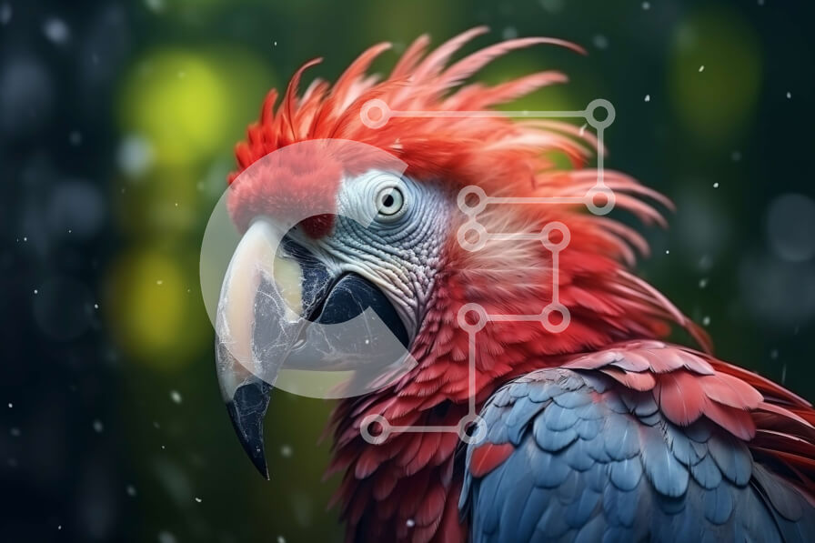 Σετ των 2 Intra Συλλεκτικό Ξύλινο Παζλ Plywood  4mm - Κοντινό πλάνο ενός κόκκινου και μπλε παπαγάλου με ζωηρά φτερά και μεγάλο ράμφος Σε Ξύλινο Κουτί - Διαστάσεις: 10x10 cm – 25 κομμάτια