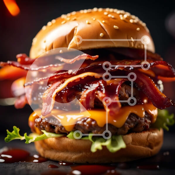 Σετ των 2 Intra Συλλεκτικό Ξύλινο Παζλ Plywood  4mm - Λαχταριστό Cheeseburger μπέικον με κέτσαπ σε σκούρο φόντο Σε Ξύλινο Κουτί - Διαστάσεις: 10x10 cm – 25 κομμάτια