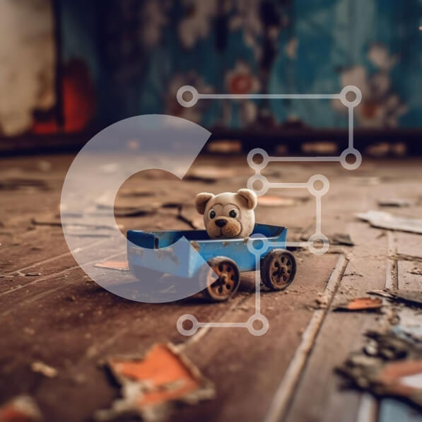 Intra Συλλεκτικό Ξύλινο Παζλ Plywood  4mm - Εικόνα ενός μπλε βαγονιού παιχνιδιών με ένα παραγεμισμένο ζώο σε ένα ερειπωμένο δωμάτιο Σε Ξύλινο Κουτί - Διαστάσεις: 10x10 cm – 25 κομμάτια