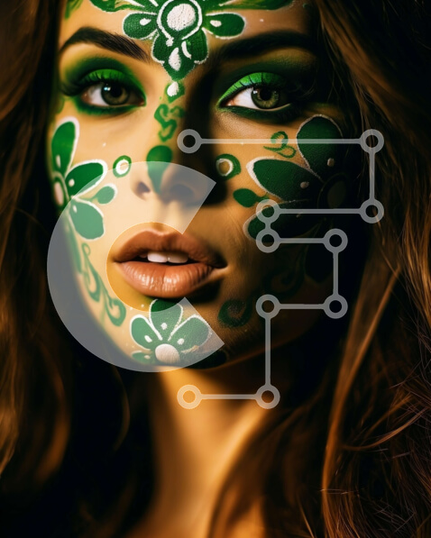 Intra Συλλεκτικό Ξύλινο Παζλ Plywood  4mm - Όμορφη γυναίκα με πράσινη μπογιά προσώπου και λεπτές φλοράλ πινελιές Σε Ξύλινο Κουτί - Διαστάσεις Puzzle: 10x10 cm – 25 κομμάτια