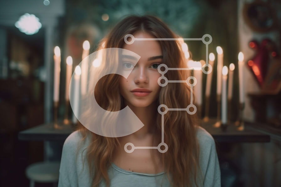 Intra Συλλεκτικό Ξύλινο Παζλ Plywood  4mm - Σοβαρή νεαρή γυναίκα που στέκεται μπροστά από τα αναμμένα κεριά που τρεμοπαίζουν Σε Ξύλινο Κουτί - Διαστάσεις Puzzle: 10x10 cm – 25 κομμάτια