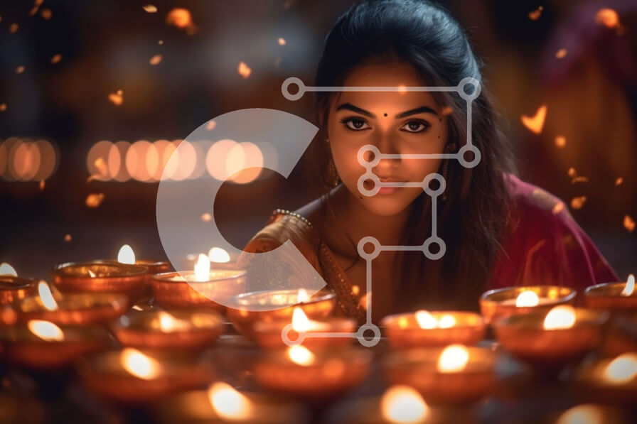 Intra Συλλεκτικό Ξύλινο Παζλ Plywood  4mm - Γαλήνια γυναίκα που στέκεται μπροστά από τον Diyas σε ένα τραπέζι Σε Ξύλινο Κουτί - Διαστάσεις Puzzle: 10x10 cm – 25 κομμάτια