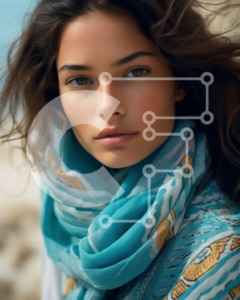 Intra Συλλεκτικό Ξύλινο Παζλ Plywood  4mm - Κομψή γυναίκα που απολαμβάνει την παραλία με ένα μπλε και άσπρο ριγέ κασκόλ Σε Ξύλινο Κουτί - Διαστάσεις Puzzle: 10x10 cm – 25 κομμάτια