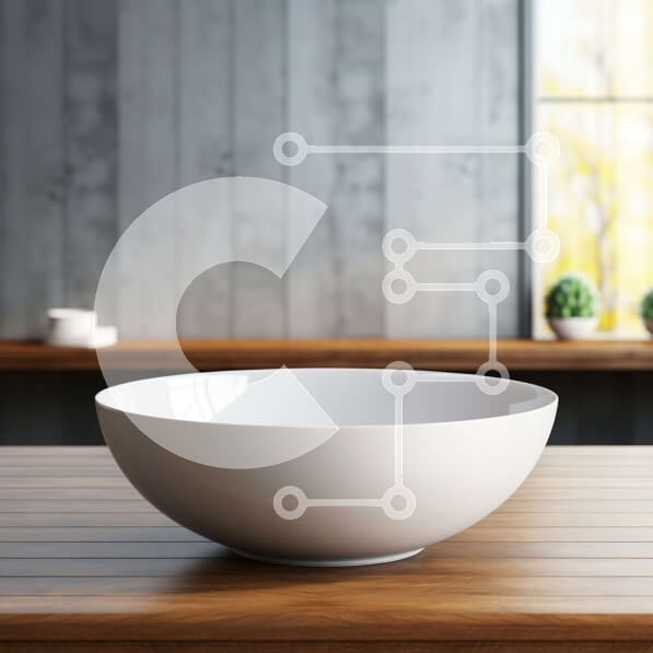 Intra Συλλεκτικό Ξύλινο Παζλ Plywood  4mm - Λευκό μπολ σε ξύλινο τραπέζι με θέα στον ορίζοντα της πόλης Σε Ξύλινο Κουτί - Διαστάσεις Puzzle: 10x10 cm – 25 κομμάτια