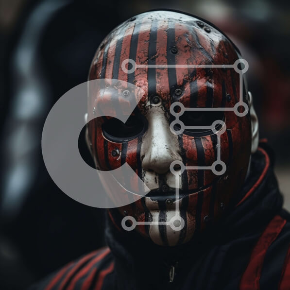 Intra Συλλεκτικό Ξύλινο Παζλ Plywood  4mm - Άτομο που φορά μια κόκκινη και μαύρη ριγέ μάσκα Σε Ξύλινο Κουτί - Διαστάσεις Puzzle: 10x10 cm – 25 κομμάτια