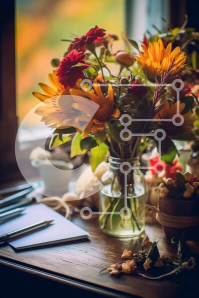 Σετ των 2 Intra Συλλεκτικό Ξύλινο Παζλ Plywood  4mm - Όμορφο βάζο με φθινοπωρινά λουλούδια σε ένα γραφείο με θέα σε ένα πανέμορφο τοπίο Σε Ξύλινο Κουτί - Διαστάσεις: 10x10 cm – 25 κομμάτια