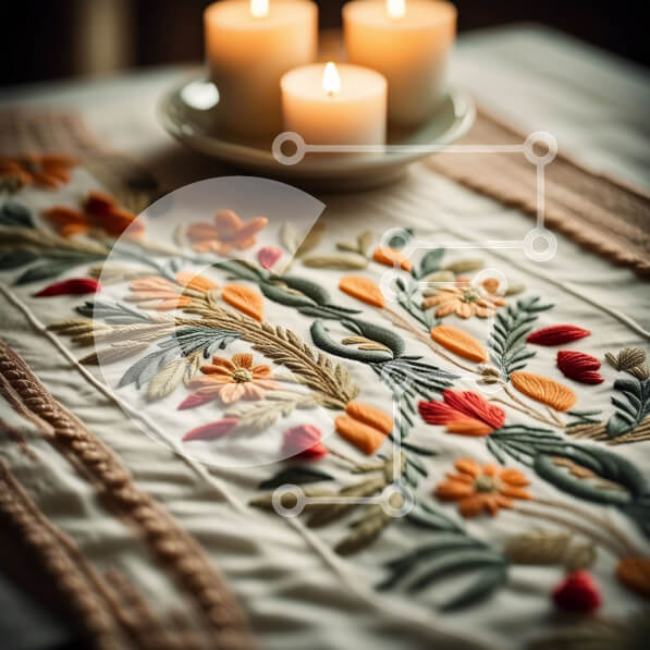 Intra Συλλεκτικό Ξύλινο Παζλ Plywood  4mm - Όμορφη κινηματογράφηση σε πρώτο πλάνο φλοράλ κεντημένου τραπεζιού με αναμμένα κεριά Σε Ξύλινο Κουτί - Διαστάσεις Puzzle: 10x10 cm – 25 κομμάτια