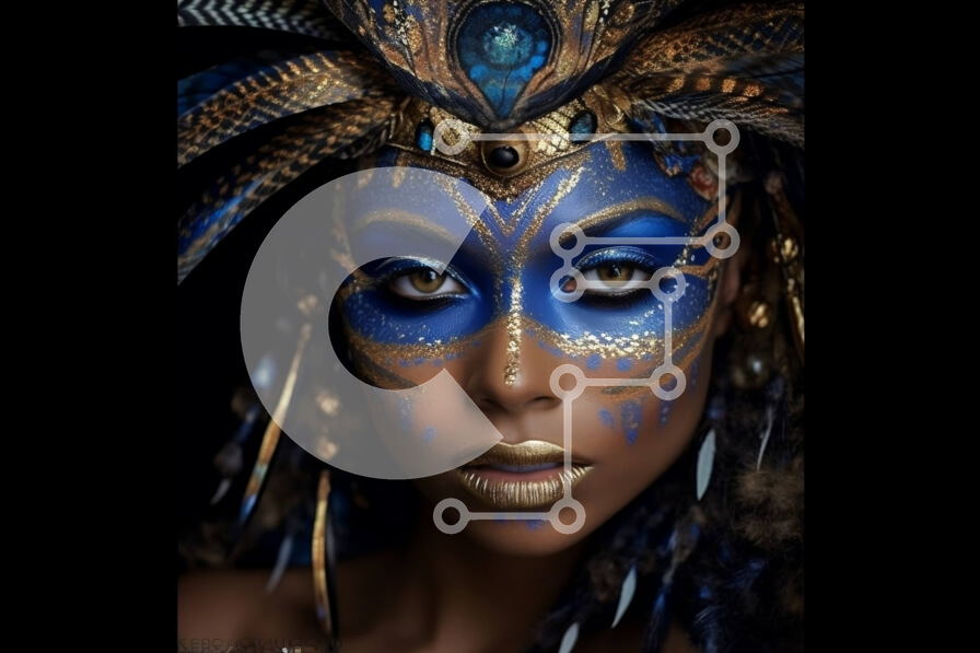 Intra Συλλεκτικό Ξύλινο Παζλ Plywood  4mm - Εκπληκτική εικόνα γυναίκας με μπλε και χρυσό χρώμα προσώπου και φτερά στα μαλλιά της Σε Ξύλινο Κουτί - Διαστάσεις Puzzle: 10x10 cm – 25 κομμάτια