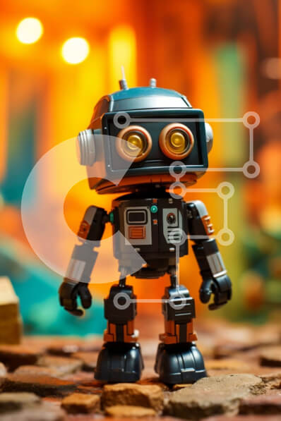 Intra Συλλεκτικό Ξύλινο Παζλ Plywood  4mm - Δροσερό ρομπότ παιχνιδιών σε ένα σωρό από βράχους σε σκηνικό με αμυδρό φωτισμό Σε Ξύλινο Κουτί - Διαστάσεις: 10x10 cm – 25 κομμάτια