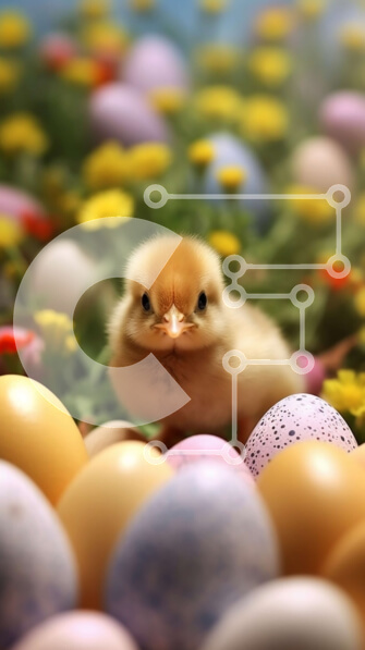 Intra Συλλεκτικό Ξύλινο Παζλ Plywood  4mm - Αξιολάτρευτη εικόνα ενός μωρού νεοσσού ανάμεσα σε πολύχρωμα πασχαλινά αυγά Σε Ξύλινο Κουτί - Διαστάσεις: 10x10 cm – 25 κομμάτια