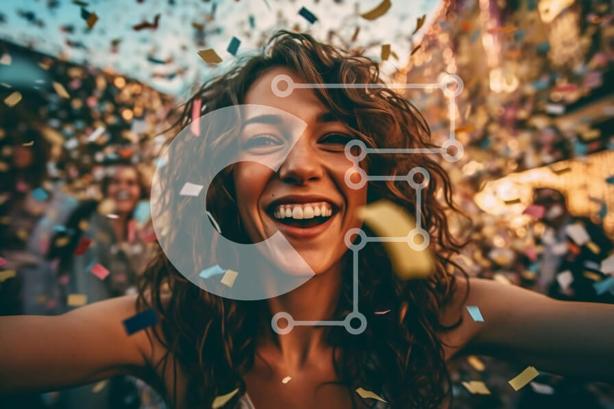 Intra Συλλεκτικό Ξύλινο Παζλ Plywood  4mm - Χαμογελαστή γυναίκα καλυμμένη με κομφετί στην πολυσύχναστη οδό της πόλης Σε Ξύλινο Κουτί - Διαστάσεις Puzzle: 10x10 cm – 25 κομμάτια