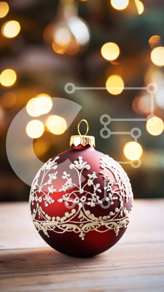 Intra Συλλεκτικό Ξύλινο Παζλ Plywood  4mm - Κόκκινη διακοσμητική μπάλα σε ξύλινο τραπέζι μπροστά από το χριστουγεννιάτικο δέντρο Σε Ξύλινο Κουτί - Διαστάσεις: 10x10 cm – 25 κομμάτια