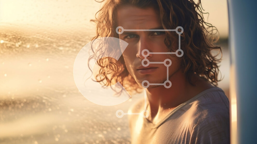 Intra Συλλεκτικό Ξύλινο Παζλ Plywood  4mm - Κομψός άντρας με μακριά σγουρά μαλλιά και γένια δίπλα στον ωκεανό Σε Ξύλινο Κουτί - Διαστάσεις Puzzle: 10x10 cm – 25 κομμάτια