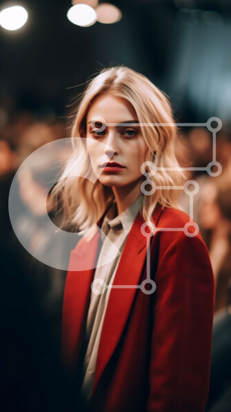 Intra Συλλεκτικό Ξύλινο Παζλ Plywood  4mm - Όμορφη εικόνα γυναίκας με κόκκινο σακάκι που στέκεται σε πολυσύχναστο δωμάτιο Σε Ξύλινο Κουτί - Διαστάσεις Puzzle: 10x10 cm – 25 κομμάτια