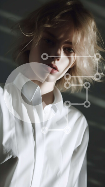 Intra Συλλεκτικό Ξύλινο Παζλ Plywood  4mm - Κομψό πορτρέτο γυναίκας που φοράει λευκό πουκάμισο και κοιτάζει την κάμερα Σε Ξύλινο Κουτί - Διαστάσεις Puzzle: 10x10 cm – 25 κομμάτια